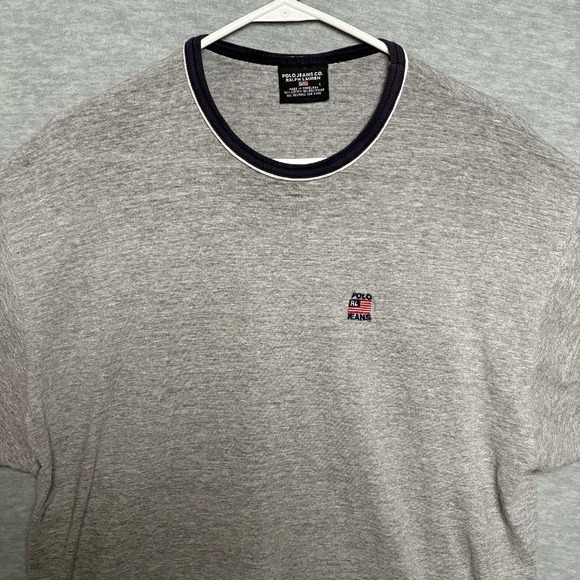 Polo Ralph LaurenJeans Co. TShirt Ringer Crew Neck USA Flag Logo Gray Tee Men L - Picture 2 of 10